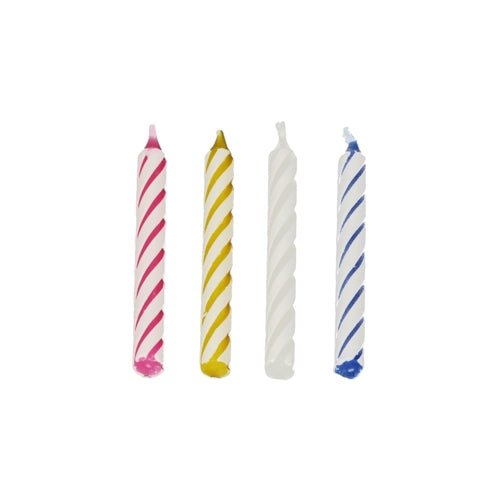 Four PAPSTAR Birthday Candles, 6 cm, assorted colors (pink, yellow, white, blue), by PAPSTAR GmbH candles are arranged side by side on a white background. The candles are part of a folding box containing 144 pieces.