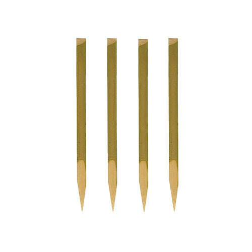 Four PAPSTAR finger food skewers (11 cm, natural wood) from PAPSTAR GmbH are arranged vertically against a white background - each with a pointed end and flat top. Perfect for parties, these 200-piece trays are sustainable and biodegradable.