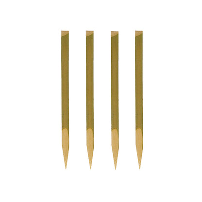 Four PAPSTAR finger food skewers (11 cm, natural wood) from PAPSTAR GmbH are arranged vertically against a white background - each with a pointed end and flat top. Perfect for parties, these 200-piece trays are sustainable and biodegradable.