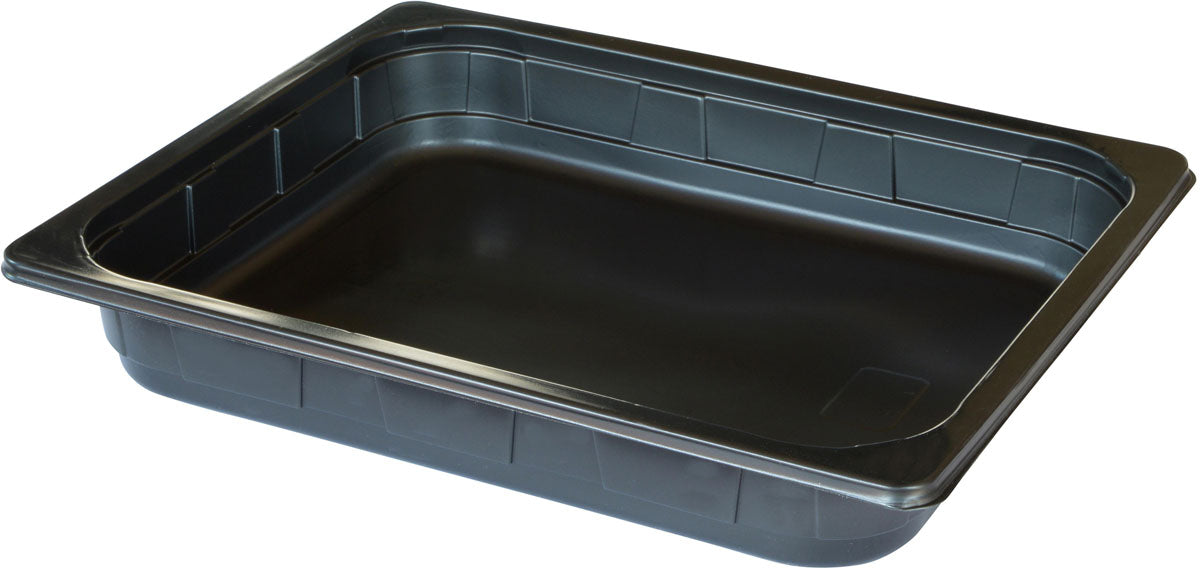 Die Duni GmbH PP Schale 1/2 GN Schwarz PP 325x265 ist eine schwarze, rechteckige Speiseschale mit breitem Rand, ideal für die Gastronomie oder das Catering, hier leer auf weißem Hintergrund.