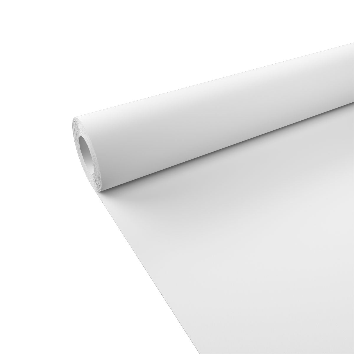 A partially unrolled Duni GmbH paper tablecloth roll 50x1.0 m is presented on a white background, highlighting the smooth white surface - ideal as event covering film or table decoration.