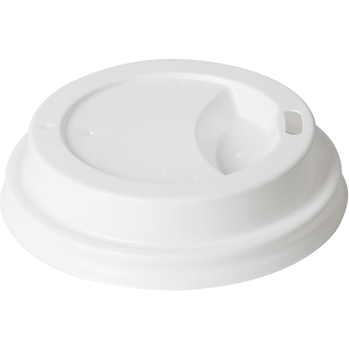 The lid for 159922 White PS from Duni GmbH is a white polystyrene lid for food packaging with a raised edge, small oval drinking hole, and indented drinking area. It is delivered in convenient packs of 100.