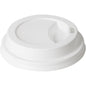 The lid for 159922 White PS from Duni GmbH is a white polystyrene lid for food packaging with a raised edge, small oval drinking hole, and indented drinking area. It is delivered in convenient packs of 100.