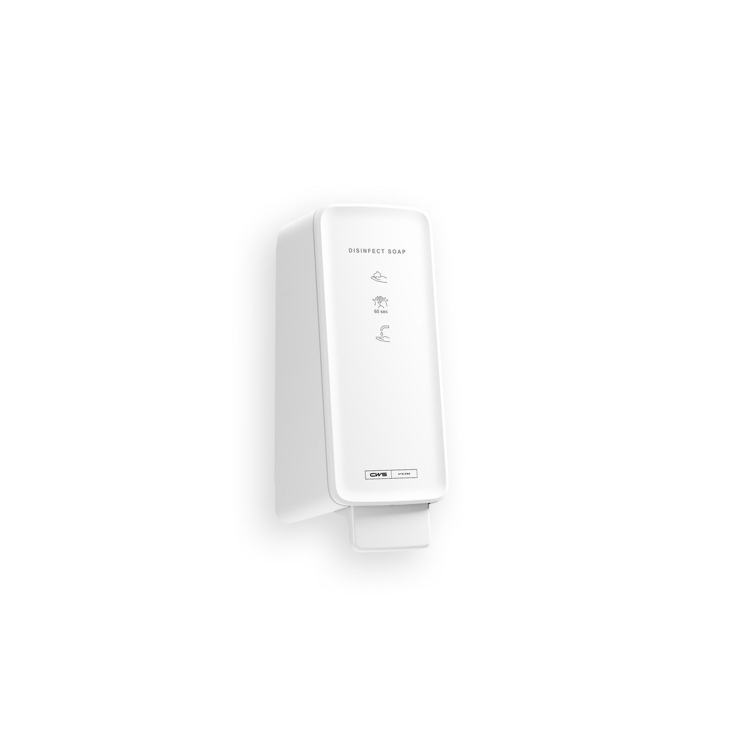 A white, wall-mounted dispenser labeled "Disinfect Soap" dispenses CWS PureLine Disinfect Foam (1 piece) for effective disinfection. It features simple application symbols and a rectangular push button at the bottom on a plain white background.