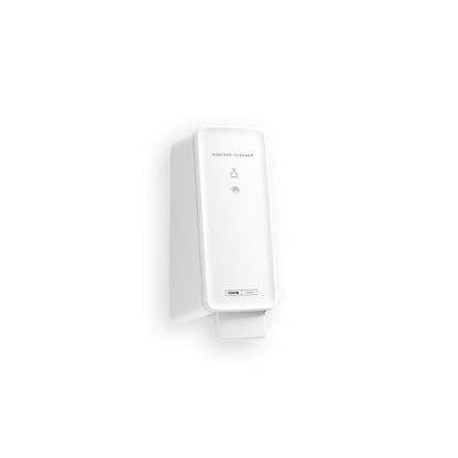 A white, rectangular, wall-mounted CWS PureLine Surface Cleaner | Pack (1 piece) dispenser from CWS with a push lever and simple front labeling offers hygienic surfaces against a plain white background.