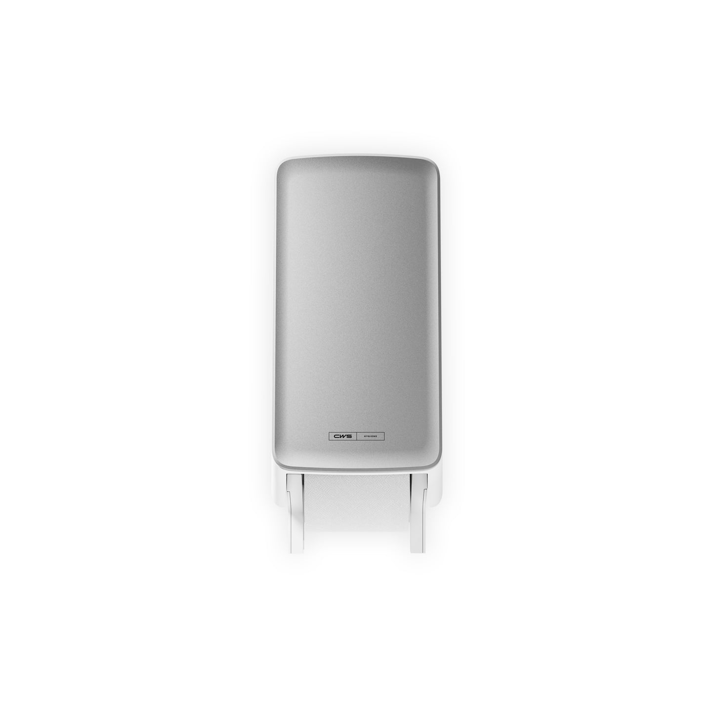 A rectangular, gray electronic device - the CWS PureLine front panel for the toilet paper dispenser from CWS - on a white background, with a small bottom label and two downward-facing brackets for a hygienic ambiance.