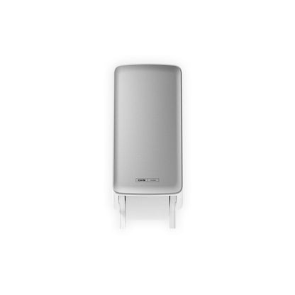 A rectangular, gray electronic device - the CWS PureLine front panel for the toilet paper dispenser from CWS - on a white background, with a small bottom label and two downward-facing brackets for a hygienic ambiance.