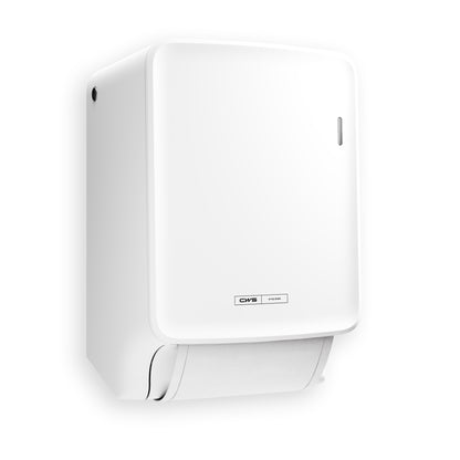 The CWS PureLine Dry fabric towel dispenser white from CWS is a white, wall-mounted towel dispenser with a smooth, rectangular design, paper roll at the bottom, and a small front label for visible hygiene. The package contains 1 piece.