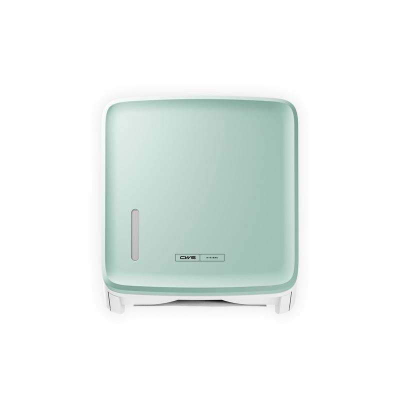 A square, wall-mounted, mint-green CWS PureLine front panel for the CWS paper dispenser features a small oval window and a CMS logo on the front, set against a white background.