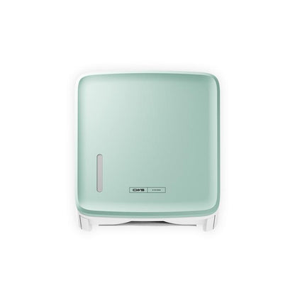 A square, wall-mounted, mint-green CWS PureLine front panel for the CWS paper dispenser features a small oval window and a CMS logo on the front, set against a white background.