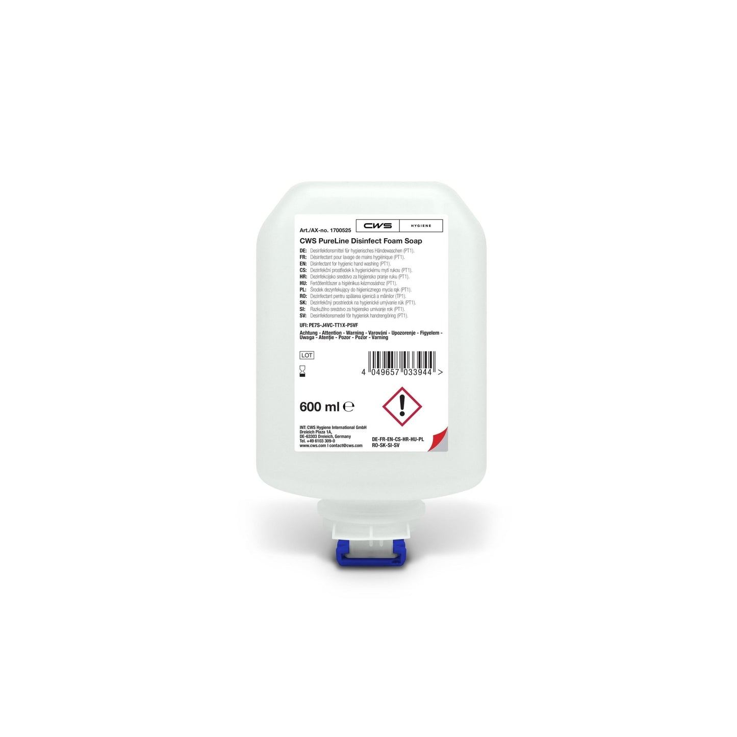 A 600-ml bottle of CWS PureLine Disinfect Gel by CWS, featuring a clean design, a blue-and-white dispenser, and a label with product details, usage instructions, safety symbols, and warnings about germs and bacteria.