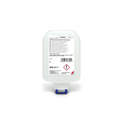 A 600-ml bottle of CWS PureLine Disinfect Gel by CWS, featuring a clean design, a blue-and-white dispenser, and a label with product details, usage instructions, safety symbols, and warnings about germs and bacteria.