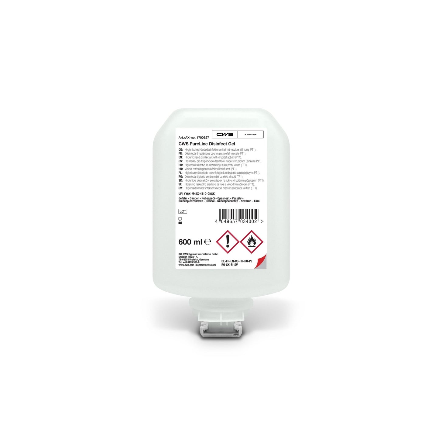 The CWS PureLine Disinfect Gel 600 ml comes in a clear container with a white dispenser cap and a label featuring product information, a barcode, and hazard symbols. This CWS brand hand sanitizer gel is effective against germs and bacteria.