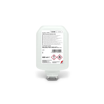 The CWS PureLine Disinfect Gel 600 ml comes in a clear container with a white dispenser cap and a label featuring product information, a barcode, and hazard symbols. This CWS brand hand sanitizer gel is effective against germs and bacteria.