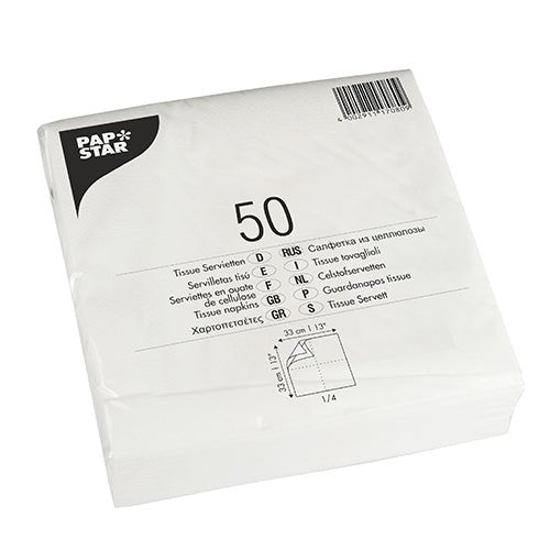 A sealed package containing 50 PAPSTAR GmbH Napkins, 1/4-fold, 33x33 cm, white, 2-ply, in a foil package with multilingual product information and dimensions printed on it.