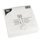 A sealed package containing 50 PAPSTAR GmbH Napkins, 1/4-fold, 33x33 cm, white, 2-ply, in a foil package with multilingual product information and dimensions printed on it.
