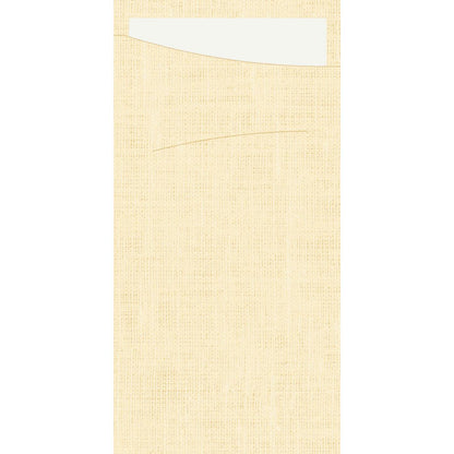 Ein cremefarbener strukturierter Sacchetto Dunisoft 230 x 115 mm von Duni GmbH mit sichtbarer Tasche und weißer Karte, ideal für Geschenkverpackungen oder als Papiertüte.