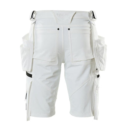 Shorts, removable hanging pockets, stretch craftsman shorts, white
