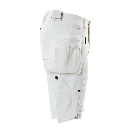 Shorts, removable hanging pockets, stretch craftsman shorts, white
