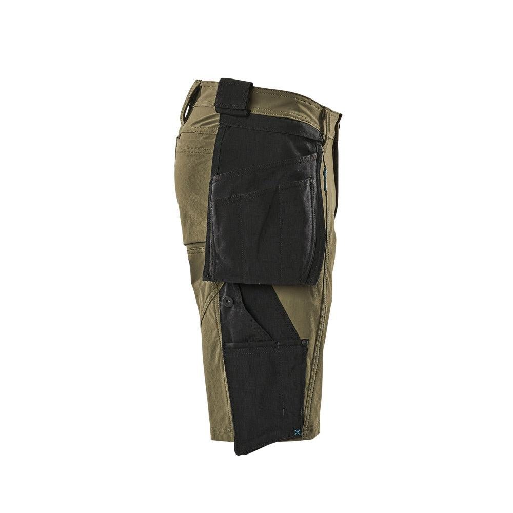 Shorts, removable hanging pockets, stretch craftsman shorts, moss green