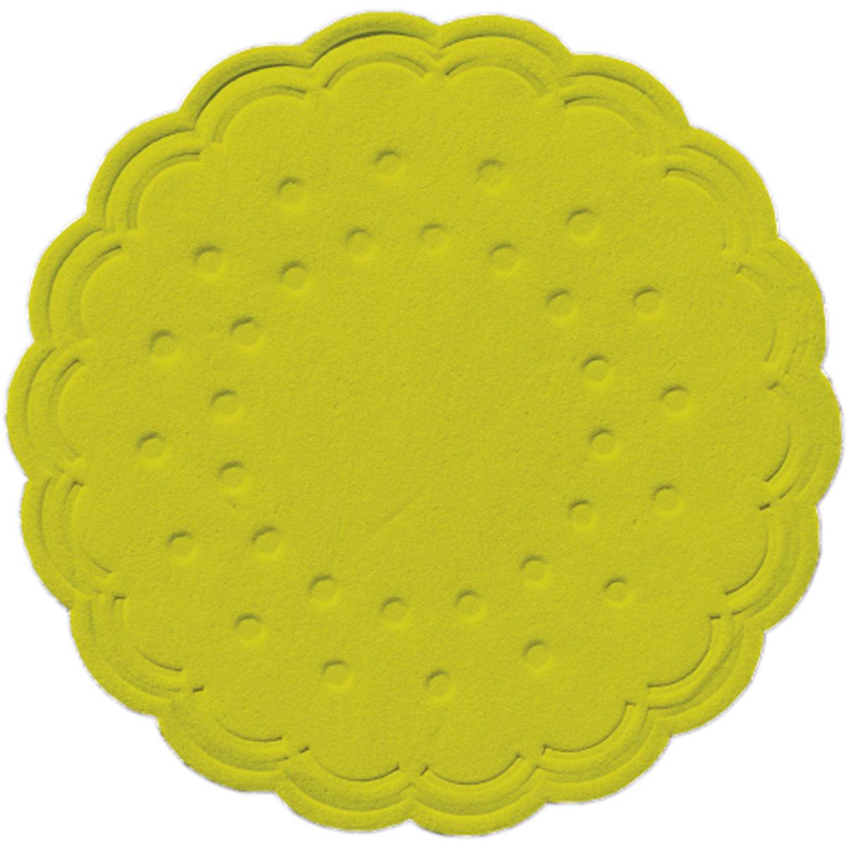 Ein runder, kiwifarbener Tassenuntersetzer (Ø 7,5 cm) der Duni GmbH mit stilvollem Design, von oben gesehen auf weißem Grund; erhältlich in Packungen zu 250 Stück oder in Sets zu 8 Stück.