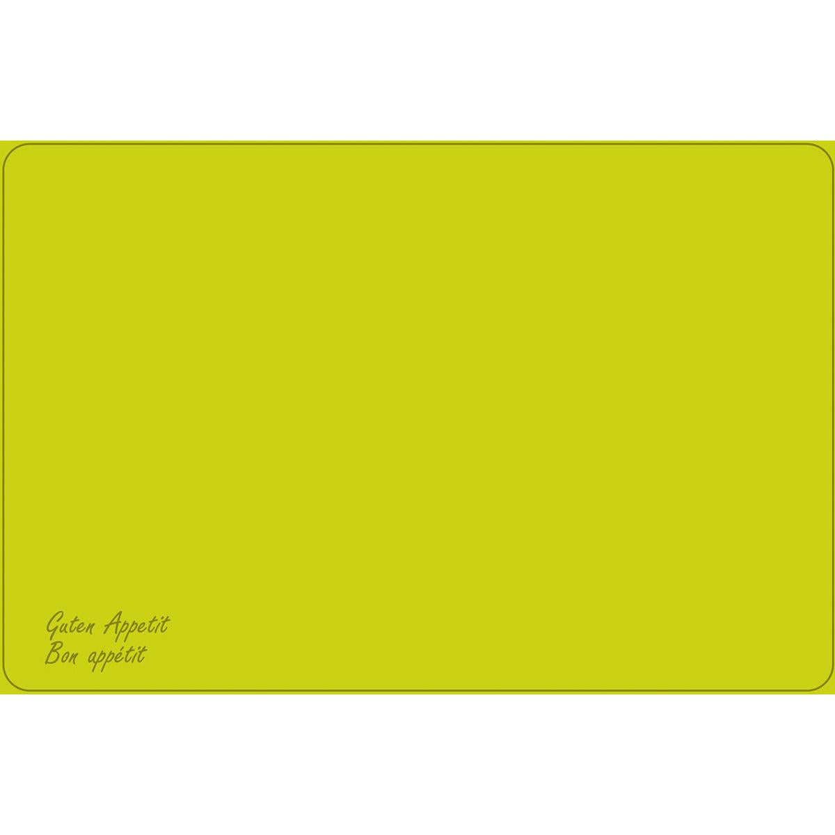 Das Duni GmbH Dunicel-Tischsets (Vesca Norm) 33 x 48 cm zeigt ein schlichtes gelbes Rechteck mit dünnem schwarzen Rand, abgerundeten Ecken und "Guten Appetit" und "Bon appétit" in Schreibschrift unten links; der Rest ist leer.