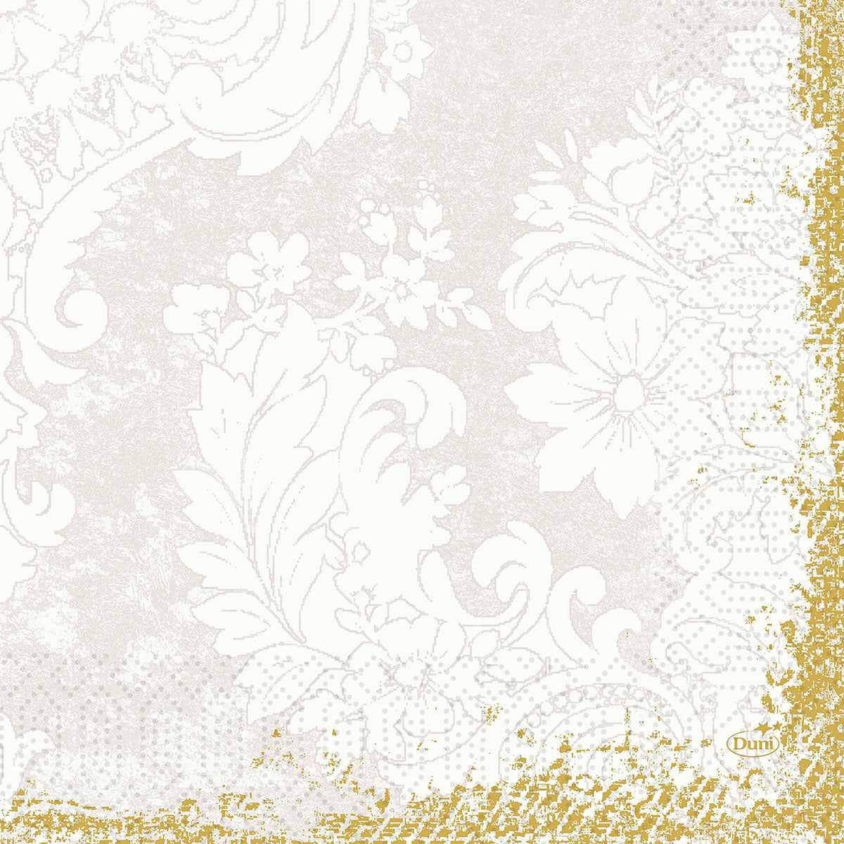 Weiße Blumen- und Blattmuster auf hellem Beige, mit einer goldenen Glitzerbordüre an zwei Kanten. Die Zellt.-Servietten 33x33 cm, 3-lagig (50er-Pack) der Duni GmbH sind im Vintage-Stil mit Spitze und dem Schriftzug "Duni" in der rechten unteren Ecke gestaltet.