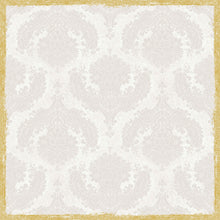 A light gray damask background with ornate floral shapes is enclosed by a textured gold frame, reminiscent of the Dunicel table cover 84x84 cm, Royal White | Pack (20 pieces) by Duni GmbH.