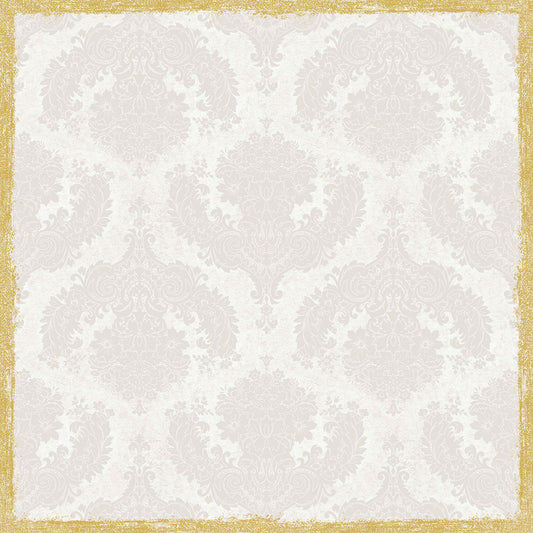 Ein hellgrauer Damasthintergrund mit verschnörkelten, symmetrischen Blumenmotiven ist perfekt für die Tischdekoration mit der Dunisilk+ Tischdecke 84x84 cm in Royal White (Packung mit 20 Stück) von Duni GmbH. Das Bild ist mit einer strukturierten, unregelmäßigen Goldumrandung versehen.