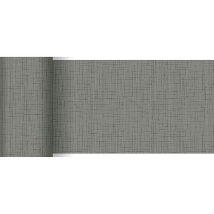 Eine graue Tapetenrolle mit dezentem Gittermuster ergänzt den Dunicel-Tischläufer 20 m x 15 cm der Duni GmbH, der teilweise auf weißem Untergrund ausgerollt ist - perfekt für eine stilvolle Tischdekoration.
