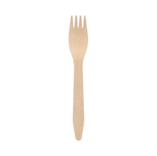 A PAPSTAR wooden fork "pure" (16.5 cm) made of eco-friendly, sturdy wood - ideal as sustainable disposable tableware. The fork is shown against a white background. Contains 100 pieces in the folding box from PAPSTAR GmbH.