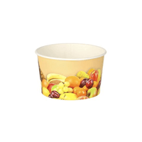 A round, disposable paper cup from Starpak’s “Fruits” collection, with a capacity of 125 ml, a diameter of 8 cm, and a height of 4.8 cm. It features colorful fruit designs—such as bananas, grapes, oranges, and apples—on a beige background. The cup is empty and sits on a plain white background. The product is delivered in sets of 200, packaged in shrink wrap.