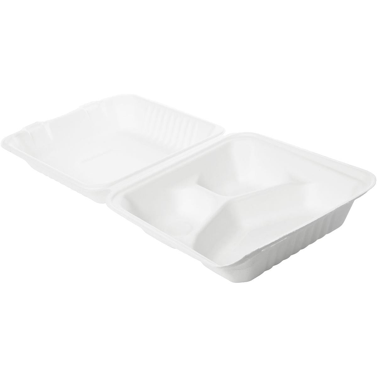 The menu box 325/70/60 ml made of white bagasse from Duni GmbH (225x201x85 mm, 3-compartment) is a sustainable, open disposable packaging in a pack of 50 for environmentally conscious enjoyment.