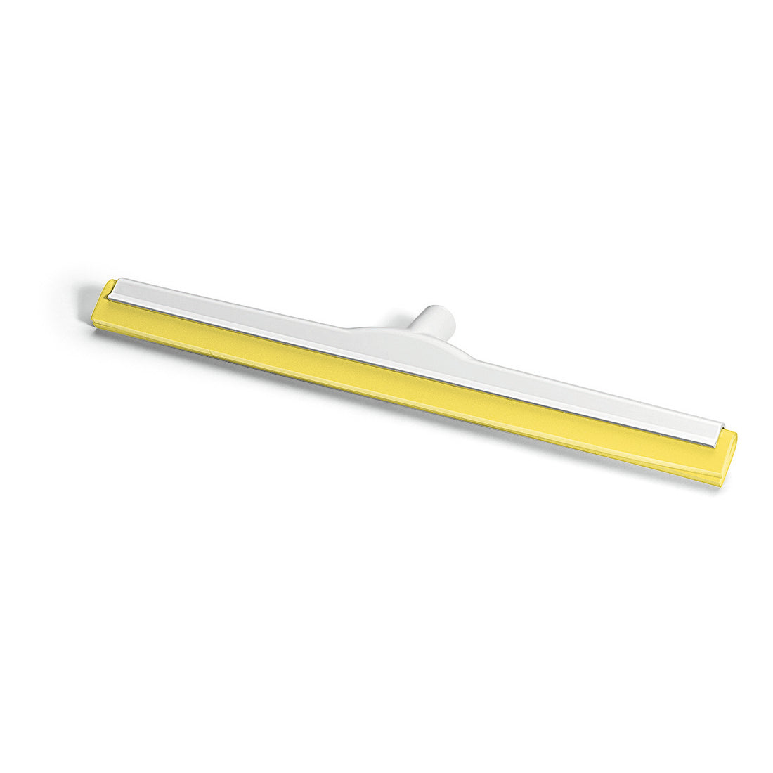 Der Nölle Profi Brush HACCP Wasserschieber verfügt über eine gelb-weiße, gerade Klinge aus glasfaserverstärktem Hygiene-Gummi mit einem zentralen Aufsatz (deutsches Gewinde). Abgebildet auf weißem Hintergrund. Von Nölle Profi Brush Bürsten- & Pinseltechnik e.K.