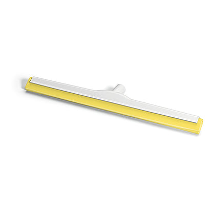 Der Nölle Profi Brush HACCP Wasserschieber verfügt über eine gelb-weiße, gerade Klinge aus glasfaserverstärktem Hygiene-Gummi mit einem zentralen Aufsatz (deutsches Gewinde). Abgebildet auf weißem Hintergrund. Von Nölle Profi Brush Bürsten- & Pinseltechnik e.K.
