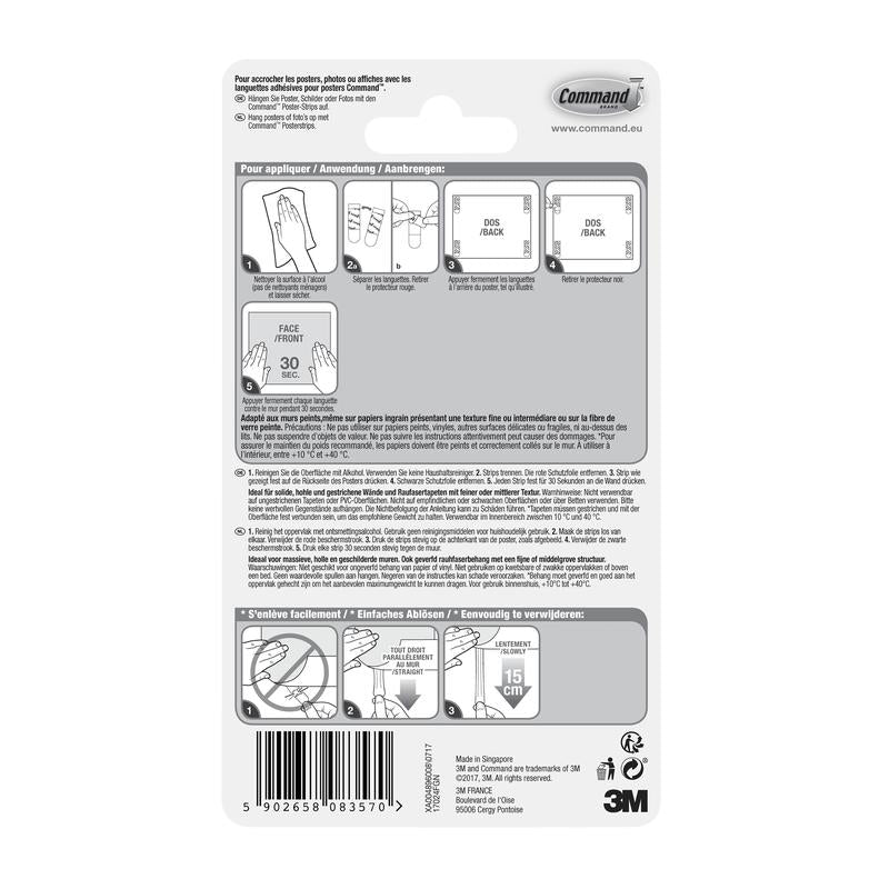 Rückseite einer Packung Command™ Poster-Strips 17024 von 3M Deutschland GmbH mit bebilderter Schritt-für-Schritt-Anleitung für rückstandsfreies Befestigen und Poster befestigen in mehreren Sprachen, mit Diagrammen, Barcode und 3M Branding unten rechts.