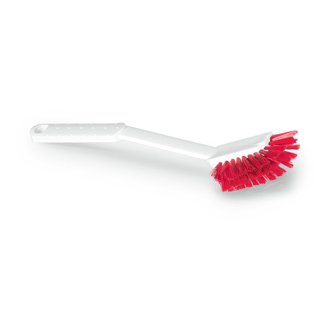 The Nölle Profi Brush HACCP dishwashing brush disc bristle 0.25 mm from Nölle Profi Brush Bürsten- & Pinseltechnik e.K. features a white, long, angled handle with grip points and red, semi-circular 0.25 mm bristles for precise cleaning tasks.
