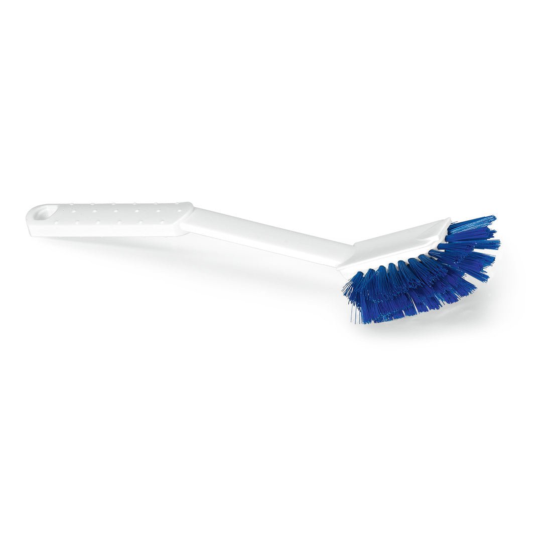 The Nölle Profi Brush HACCP dishwashing brush disc bristle 0.25 mm from Nölle Profi Brush Bürsten- & Pinseltechnik e.K. is a white plastic cleaning brush with blue bristles and a long handle, depicted at an angle on a solid white background.