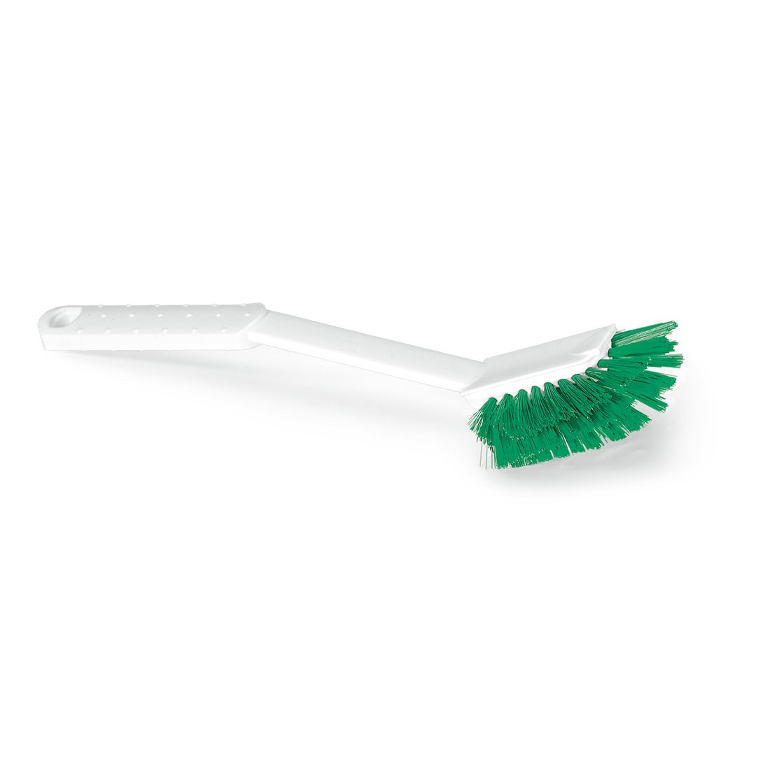 Depicted is a Nölle Profi Brush HACCP dishwashing brush disc bristle 0.25 mm from Nölle Profi Brush Bürsten- & Pinseltechnik e.K. with a white, curved handle and stiff green bristles on a solid white background.