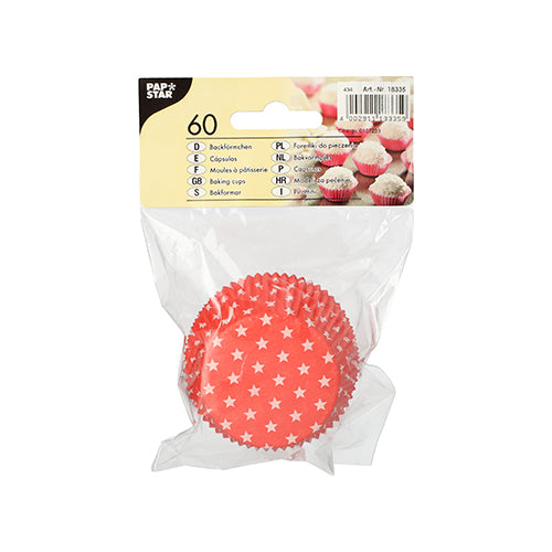 Die 60er-Packung Backförmchen (Ø 5 cm, Höhe 2,5 cm) der PAPSTAR GmbH sind rote Backförmchen mit weißen Sternen, ideal für Muffins oder Cupcakes und werden in einem durchsichtigen Plastikbeutel mit gelbem Etikett geliefert.