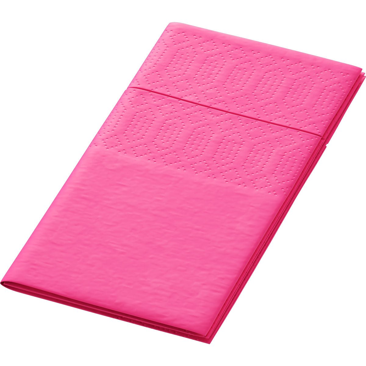 Eine Packung mit 250 hochwertigen Duni GmbH Zellt.Serv.33x33 3lg 1/8KF fuchsia Servietten, gefaltet auf 33x33 cm, mit strukturierter, gemusterter Oberfläche, auf weißem Hintergrund.