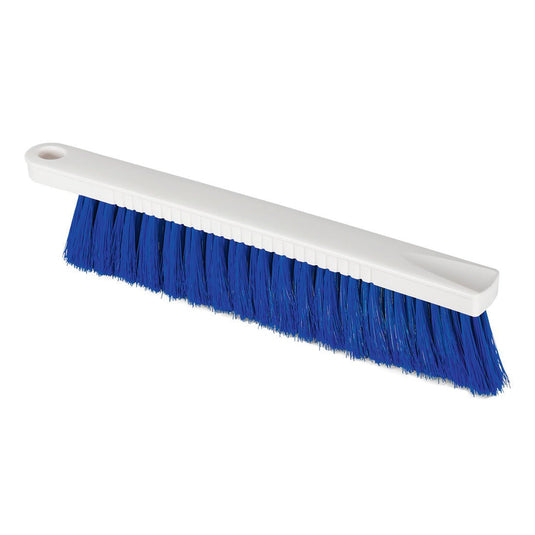 The Nölle Profi Brush HACCP flour brush (30 cm, 0.25 mm soft bristles) from Nölle Profi Brush Bürsten- & Pinseltechnik e.K. is a white plastic hand brush with dense blue bristles and a hanging hole - ideal for the food industry.