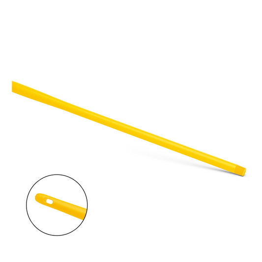 Der Nölle Profi Brush HACCP Ergo-Stiel Kunststoff 145 cm Stiel von Nölle Profi Brush Bürsten- & Pinseltechnik e.K. ist diagonal auf weißem Grund abgebildet. Ein Einsatz hebt das Aufhängeloch hervor, ideal für die hygienische Aufbewahrung und Arbeitsumgebung.