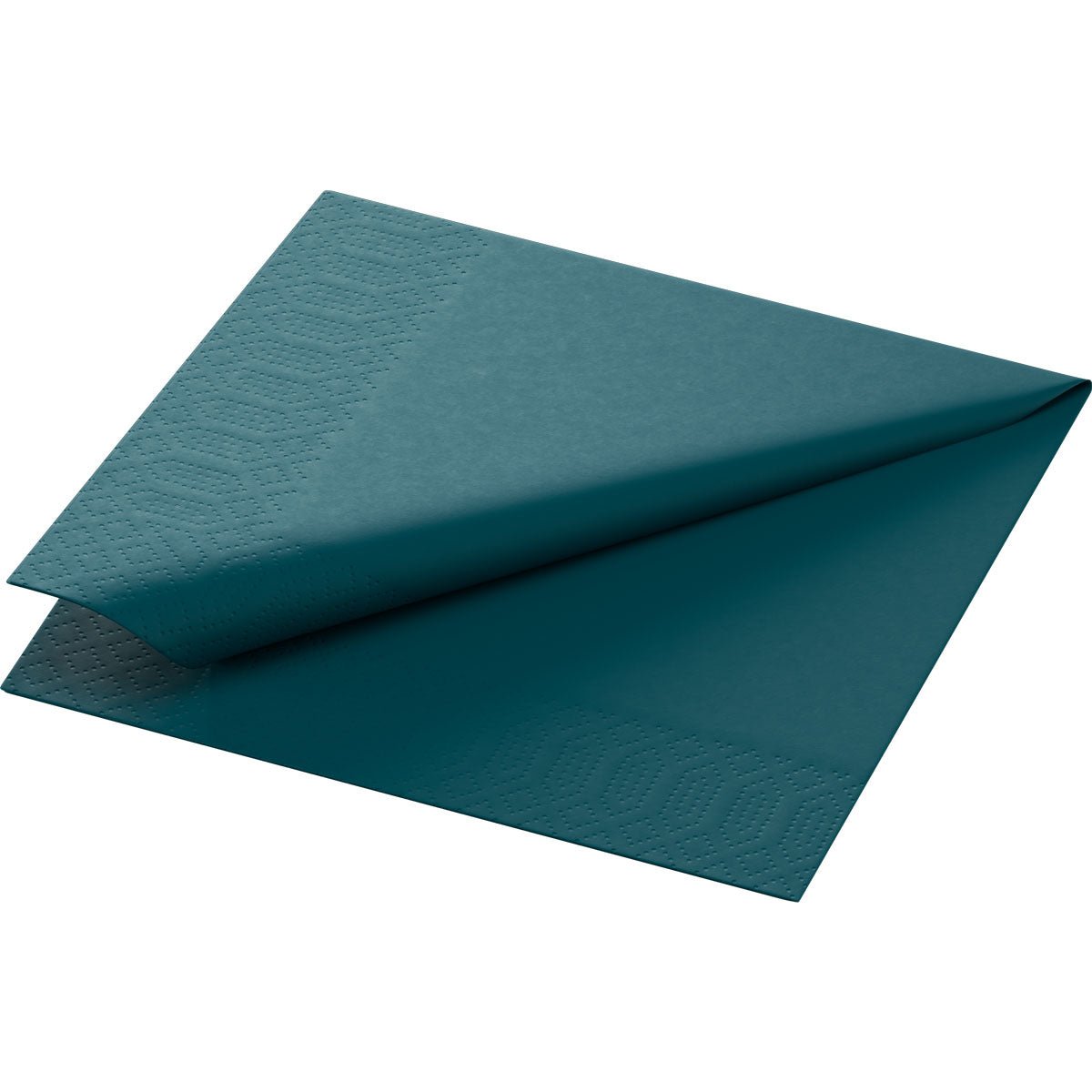 The Zellt. napkins 24x24 cm, 3-ply in ocean teal from Duni GmbH are diagonally folded, highlighting the textured edges and the smooth center. Each pack contains 250 napkins.