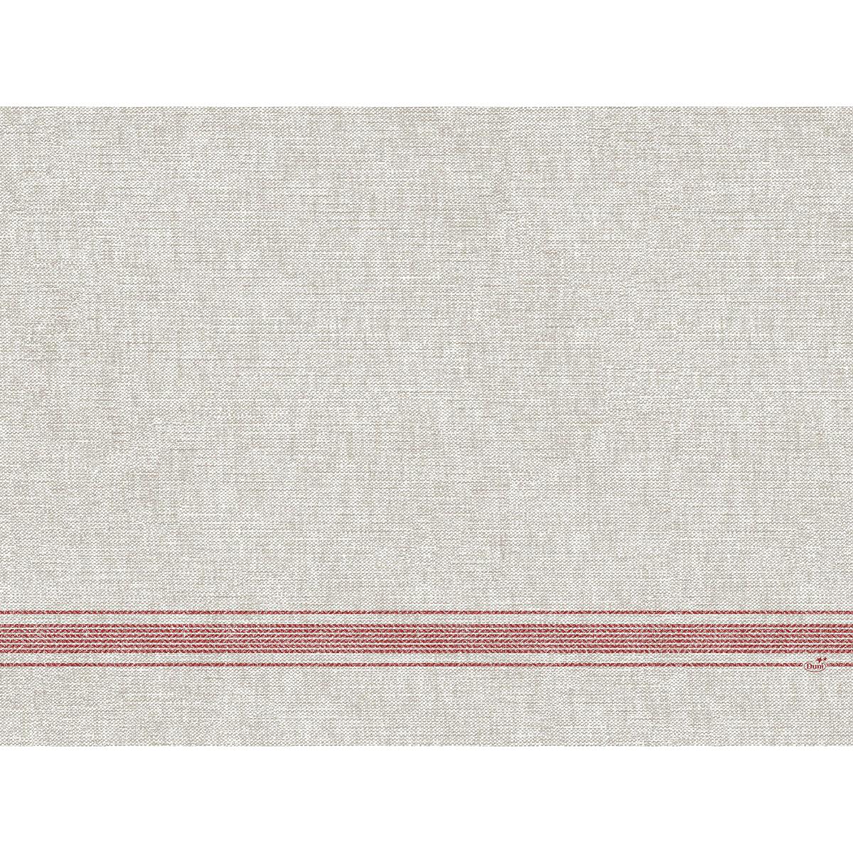 Die Dunicel-Tischsets 30 x 40 cm Cocina bordeaux der Duni GmbH haben einen hellbeigen Strukturstoff mit drei gleichmäßig verteilten roten Streifen im unteren Bereich und eine natürliche Weboptik. Verkauft in Packungen zu 100 Stück.