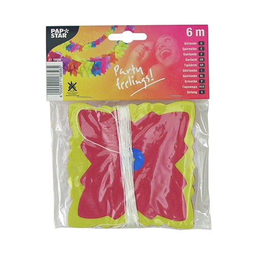 A 6-meter long PAPSTAR paper garland (Ø 12 cm) for parties, in a festive "Party feelings!" labeled clear bag, with a colorful butterfly motif. Brand: PAPSTAR GmbH.
