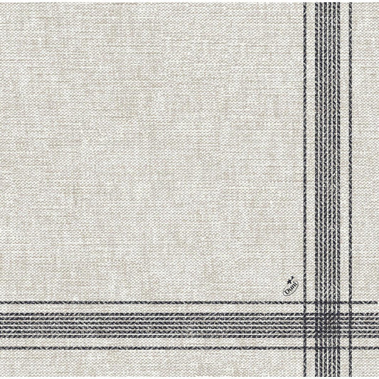 Die beigefarbenen Dunilin-Servietten 40 x 40 cm 1/4 Falz der Duni GmbH sind aus hochwertigem Stoff mit gewebter Struktur und sich kreuzenden schwarzen Gitterlinien an einer Ecke - perfekt für elegante Räume.