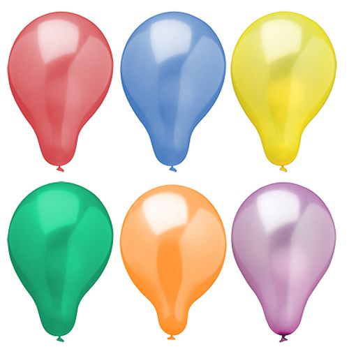 Six PAPSTAR balloons Ø 25 cm, colorfully assorted in metallic design (6 pieces), lie in two rows of three on a white background.
