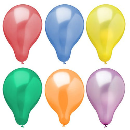 Six PAPSTAR balloons Ø 25 cm, colorfully assorted in metallic design (6 pieces), lie in two rows of three on a white background.