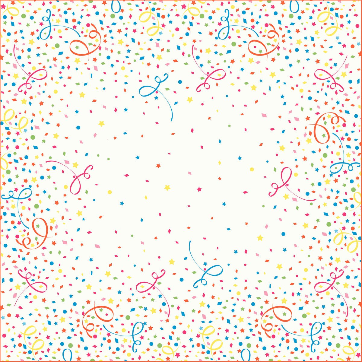 A white, square background with a blue, red, yellow, and green confetti border adorns the festive clearance item: Dunisilk table covers 84 x 84 cm Confetti by Duni GmbH - perfect for table decoration. Package (20 pieces).